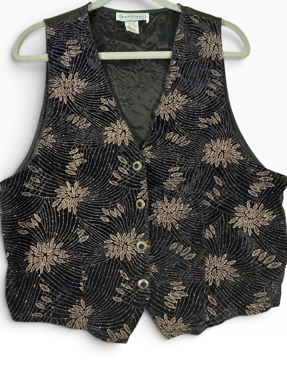 Vintage 80s 90s Black Velvet Vest with Metallic Beaded Floral Pattern